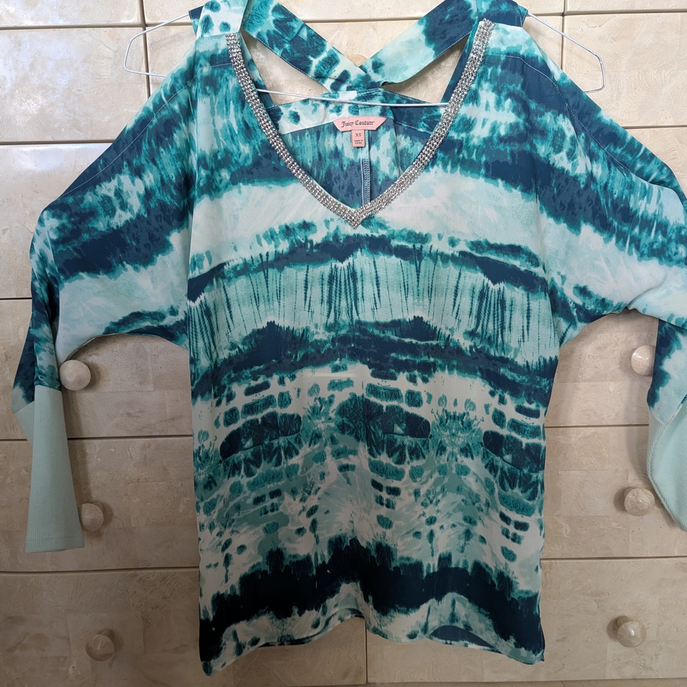 2 Juicy Couture Rhinestone Tops In Grey And In Tie-Dye Teal